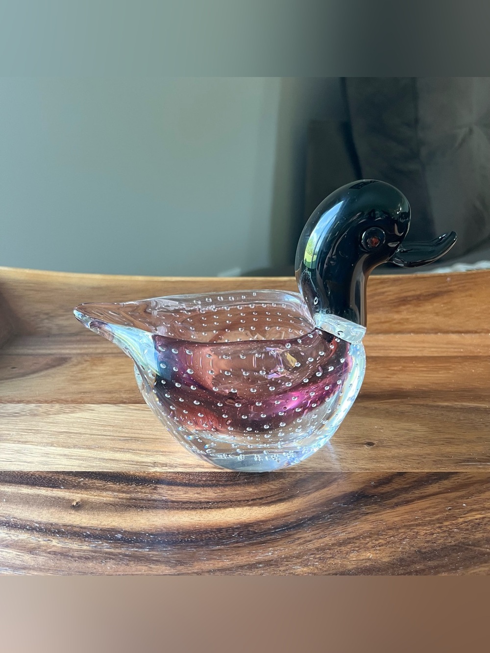 Handblown Art Glass Duck Figurine - Clear with Purple Accent